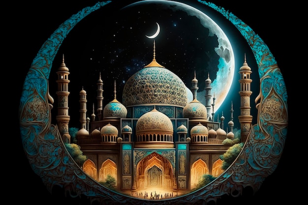 An Islamic mosque at night with a crescent moon behind the mosque generative ai