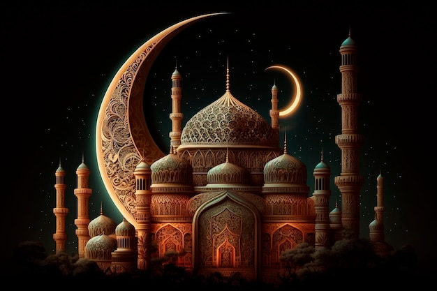 An Islamic mosque at night with a crescent moon behind the mosque generative ai