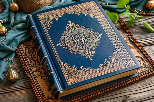 islamic muslim holy book on a wooden table in the style of navy and brown yildiray cinar