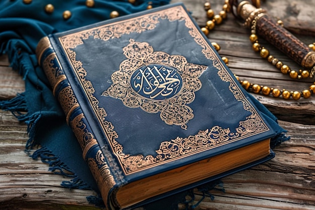 islamic muslim holy book on a wooden table in the style of navy and brown yildiray cinar