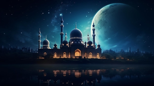 The Islamic Muslim Mosque at Night with Moon