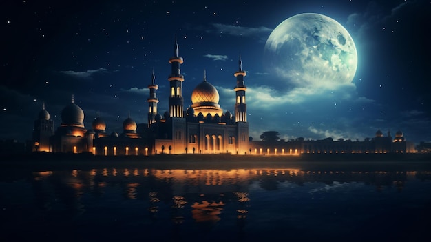 The Islamic Muslim Mosque at Night with Moon