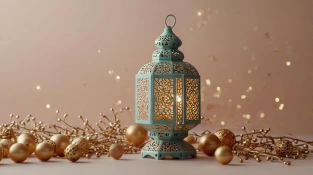 Islamic new year decoration with praying bead lantern