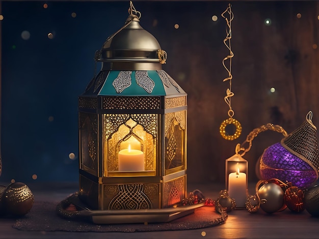 Islamic new year decoration with praying beads and lantern generative ai