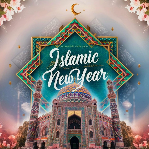 Islamic new year poster banner with mosque background