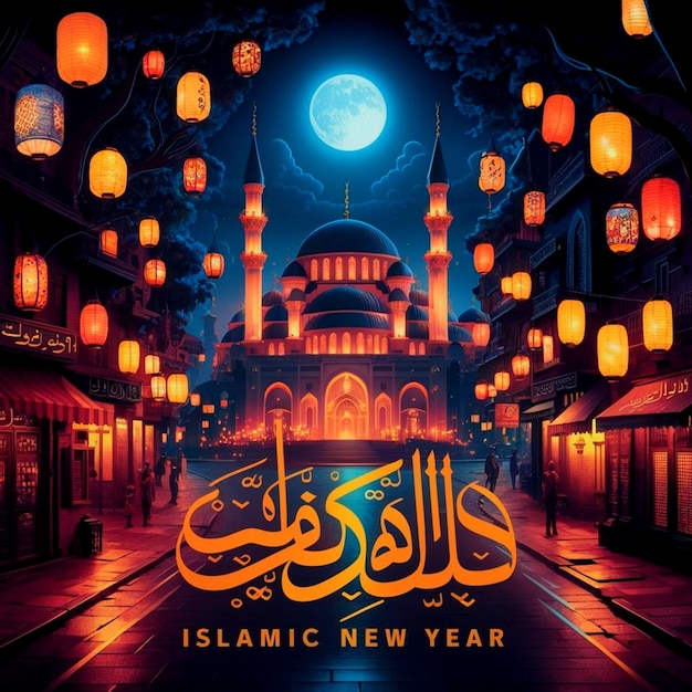 Islamic new year poster banner with mosque background