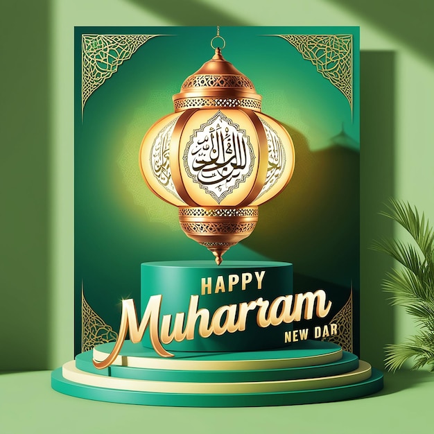 Islamic New Year Poster Design with 3D Golden Lantern on Green Podium iIsolated in Green Background Happy Muharram PosterAshura Day Vector