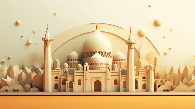 Islamic ornament with 3d mosque illustration