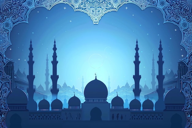 Islamic patterned border with crescent moon illustration Arabic Eid Mubarak Background