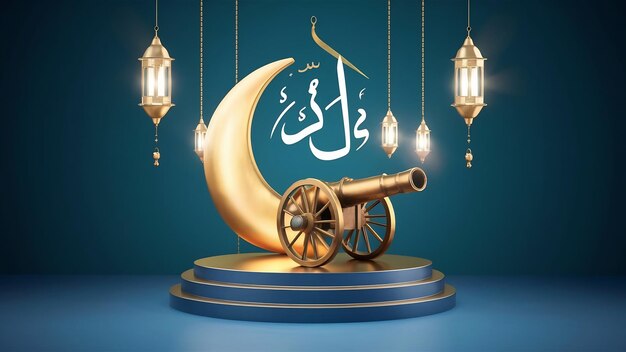 Islamic podium decoration with cannon arabic lantern crescent copy space