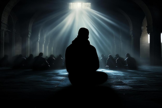 Islamic prayer time in a mosque interior