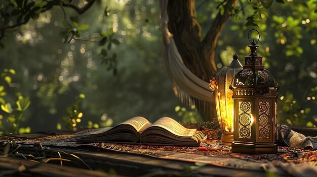 Islamic prayers and a lamp with a lantern and some other objects for ramadan Eid al adha Ul fitr