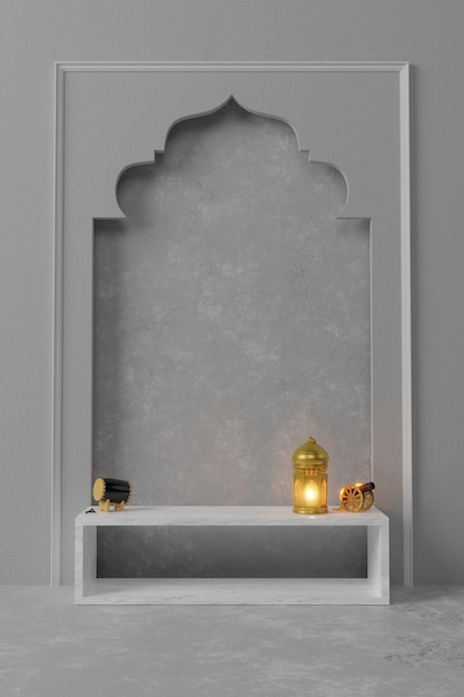 Islamic product display mock up Podium crescent moon lantern gift box Ramadan Islamic New Year 3D rendering