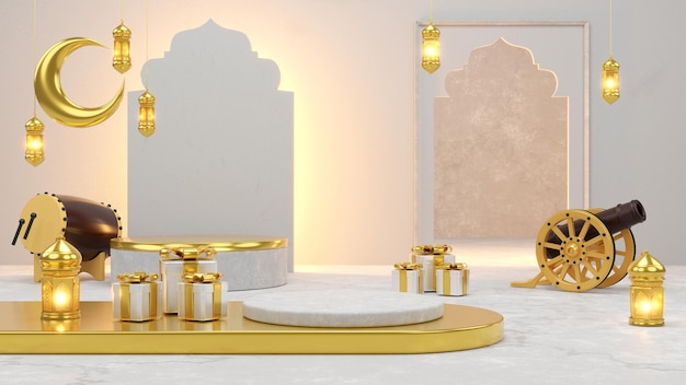 Islamic product display mock up Podium crescent moon lantern gift box Ramadan Islamic New Year 3D rendering