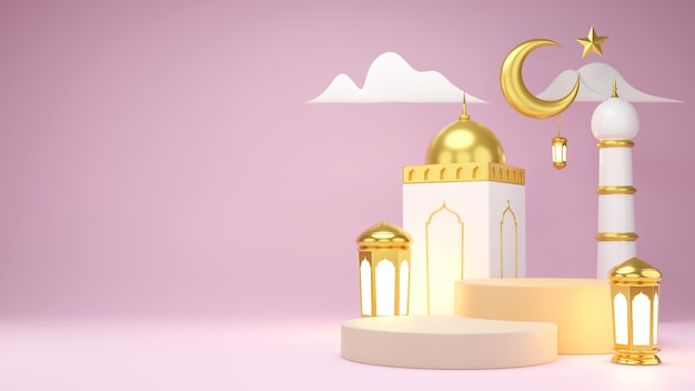 Islamic product display. Podium, crescent moon, lantern, gift box. Ramadan, Islamic New Year. 3D rendering.