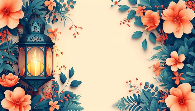 Islamic ramadan background and banner hand drawn flowers and lantern