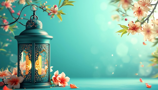 Islamic Ramadan background with lantern and beautiful flowers