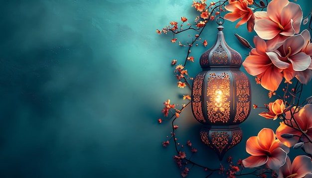 Islamic Ramadan background with lantern and beautiful flowers