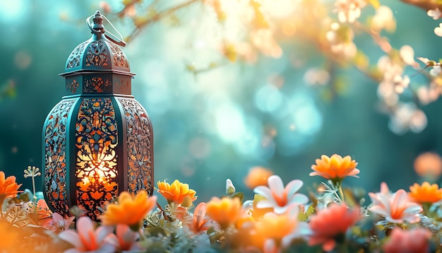 Islamic Ramadan background with lantern and beautiful flowers