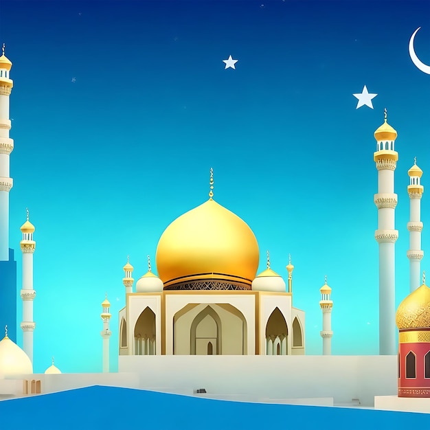 islamic ramadan greeting background with cute 3d mosque and islamic crescent ornaments Ai generated