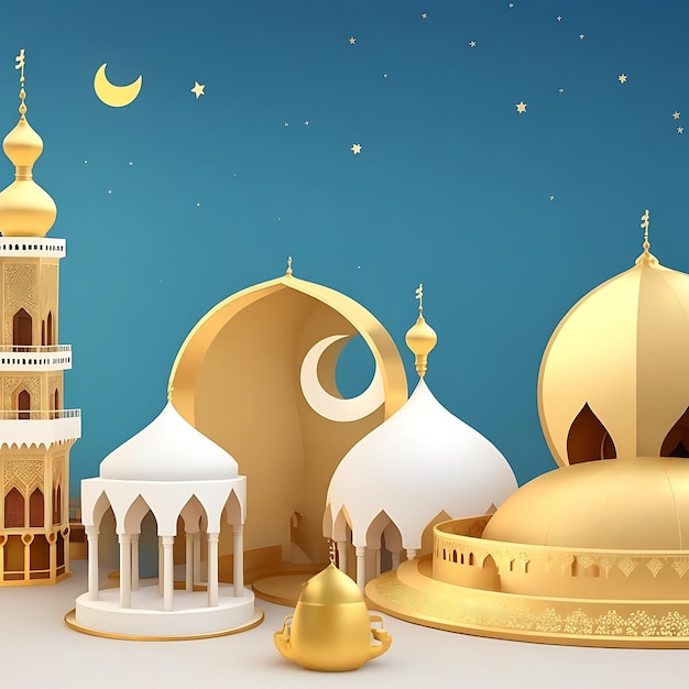 islamic ramadan greeting background with cute 3d mosque and islamic crescent ornaments Ai generated