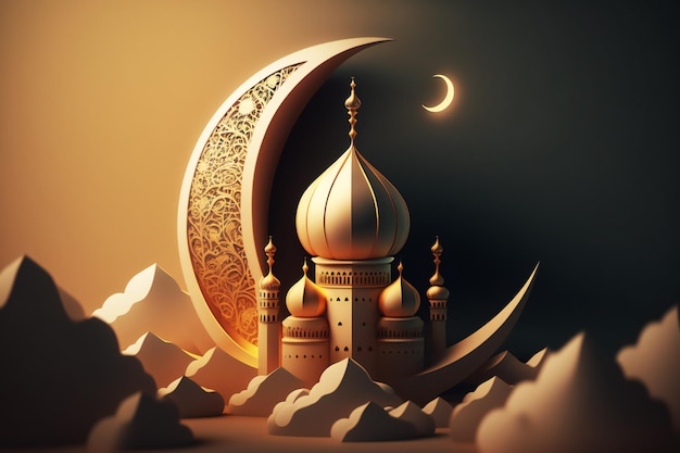 islamic ramadan greeting background with cute 3d mosque and islamic crescent ornaments