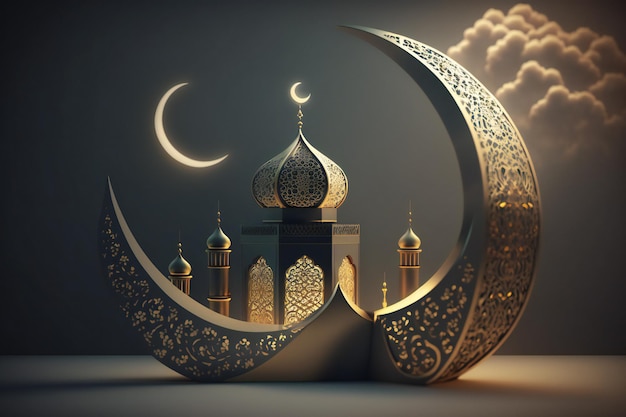 islamic ramadan greeting background with cute 3d mosque and islamic crescent ornaments