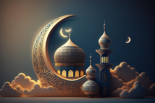 islamic ramadan greeting background with cute 3d mosque and islamic crescent ornaments