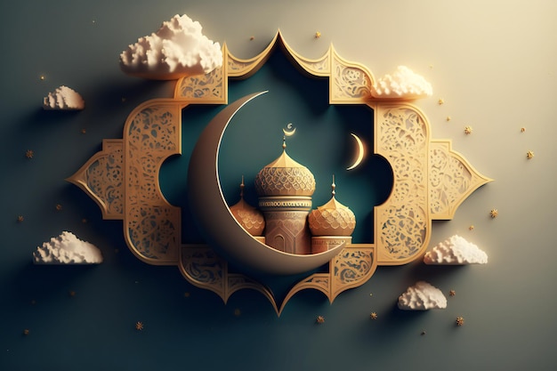 islamic ramadan greeting background with cute 3d mosque and islamic crescent ornaments