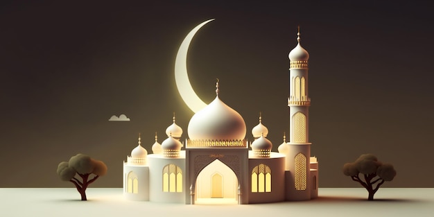 islamic ramadan greeting background with cute 3d mosque and islamic crescent ornaments