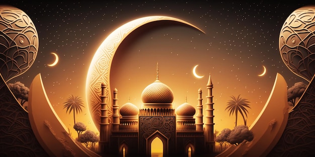 islamic ramadan greeting background with cute 3d mosque and islamic crescent ornaments