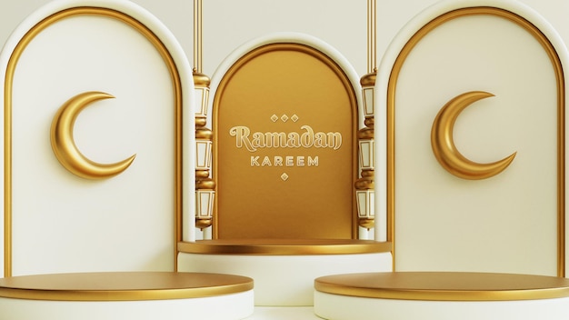 Islamic Ramadan greetings composition with podium and Arabic lanterns