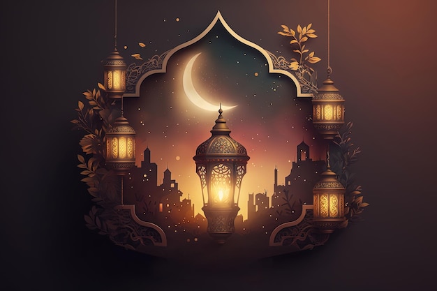 Islamic Ramadan holiday banner with glowing lantern moon and mosque window portal AI