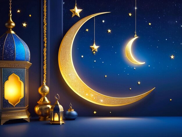 Islamic Ramadan Kareem background with big shiny one crescent moon and stars and of night sky