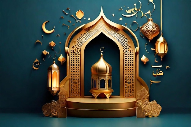 Islamic Ramadan Kareem greeting background with 3d gold mosque lantern podium and crescent ornaments