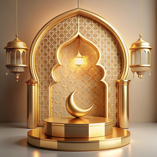 Islamic Ramadan Kareem greeting gold podium pedestal product display background 3D illustration