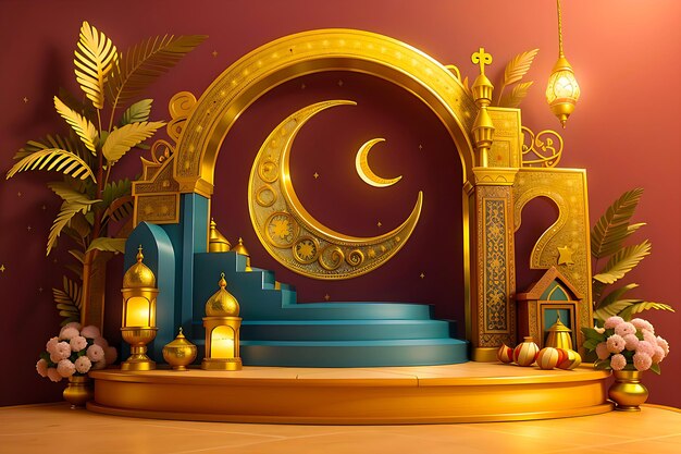 Islamic Ramadan luxury 3d cute podium and crescent moon With Gold star