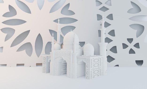 Islamic Splendor Illustration of 3D Animated Rendering Podium Mosque with Crescent Moon Symbol Set