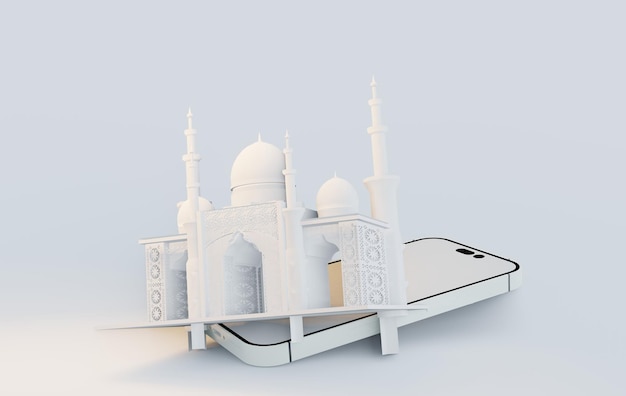 Islamic Splendor Illustration of 3D Animated Rendering Podium Mosque with Crescent Moon Symbol Set