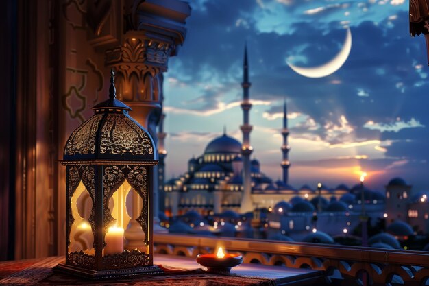 Islamic style lantern design for ramadan celebration with copy space