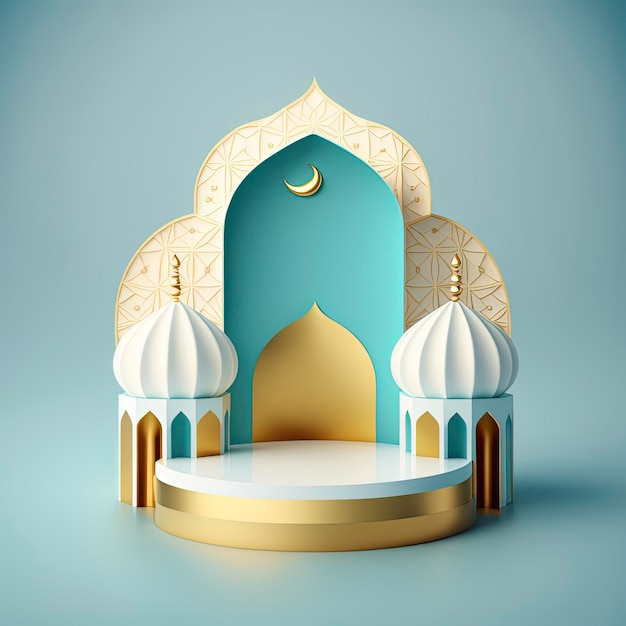 Islamic theme product display background in 3d rendering illustration design Mosque portal frame with podium or stage and empty space