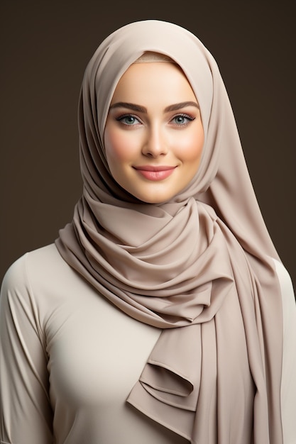 an islamic woman with syari hijab showing her smile