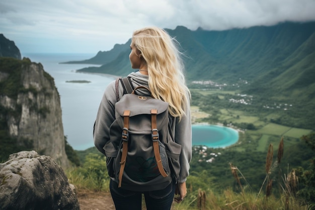 Island Adventure Blonde Girl with Backpack Vacation in Indonesia Generative By Ai