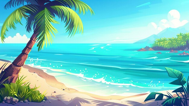 Photo island beach game landscape summer vector paradise tropical vacation time location with palm tree sea water and sand shore caribbean wild ocean coast environment to explore cartoon illustration