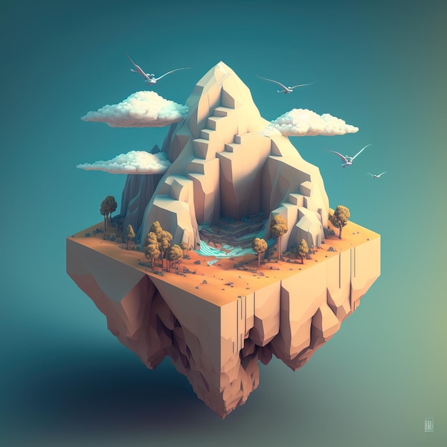 An island floating in midair in a simplified and minimalist form game world generative ai