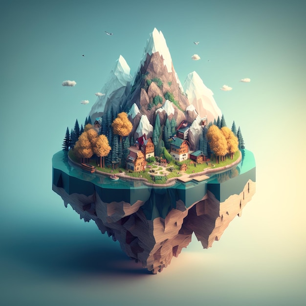 An island floating in midair in a simplified and minimalist form game world generative ai