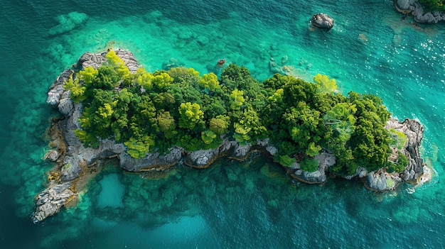 the island is surrounded by water and the island is surrounded by lush vegetation