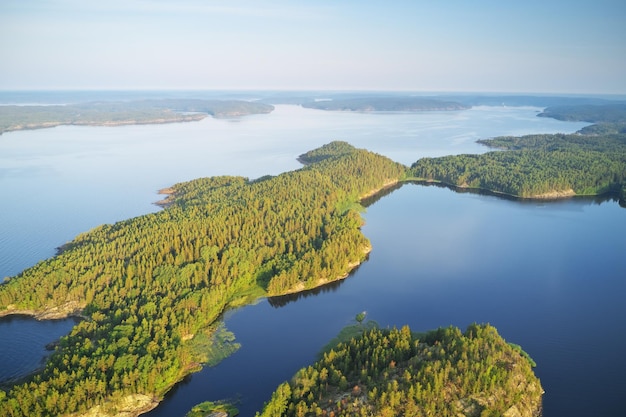 Photo island on lake during sunset aerial view