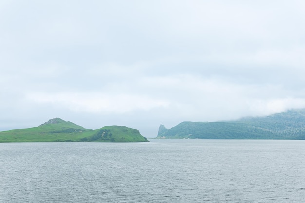 Island landscape with a foggy lagoon