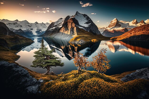 Island landscapes Sunrise view on Bernese range above Bachalpsee lake